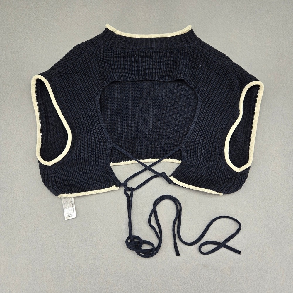 Zara Contrast Trim Open Back Knit Crop Top Sweater Navy Blue White Size Large - Picture 3 of 8